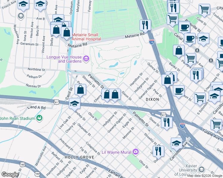 map of restaurants, bars, coffee shops, grocery stores, and more near 9201 Palmetto Street in New Orleans