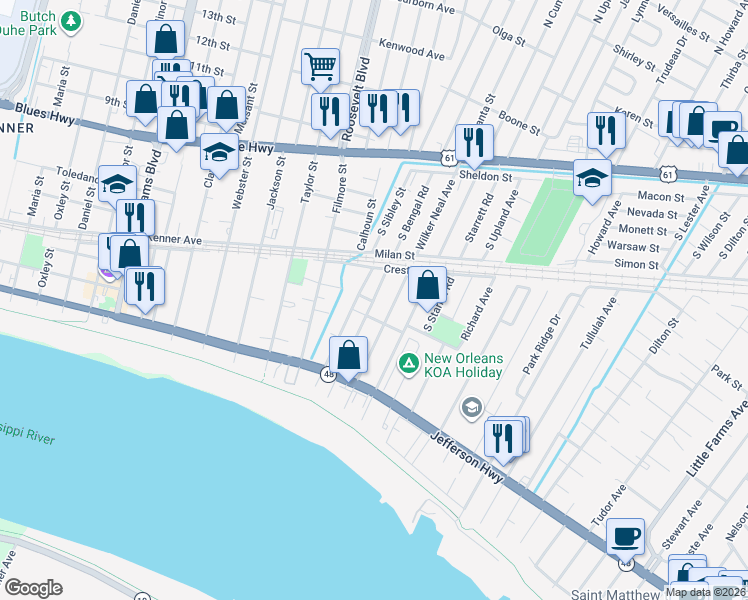 map of restaurants, bars, coffee shops, grocery stores, and more near 616 South Bengal Road in River Ridge