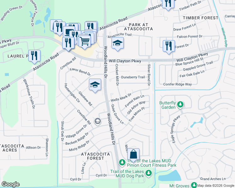 map of restaurants, bars, coffee shops, grocery stores, and more near 17331 Cricket Mill Drive in Humble