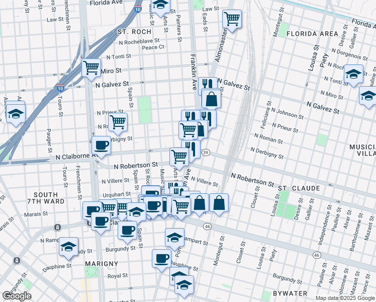 map of restaurants, bars, coffee shops, grocery stores, and more near 1614 Painters Street in New Orleans