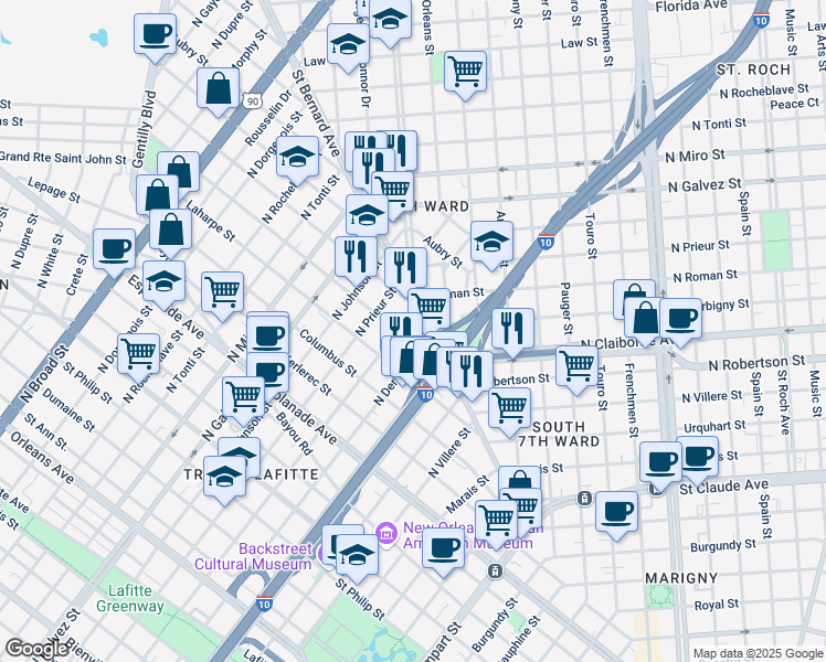 map of restaurants, bars, coffee shops, grocery stores, and more near 1615 North Roman Street in New Orleans