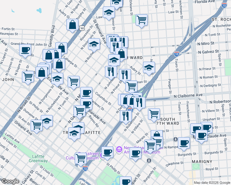 map of restaurants, bars, coffee shops, grocery stores, and more near 1912 Lapeyrouse Street in New Orleans