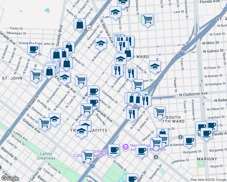map of restaurants, bars, coffee shops, grocery stores, and more near 1912 Lapeyrouse Street in New Orleans