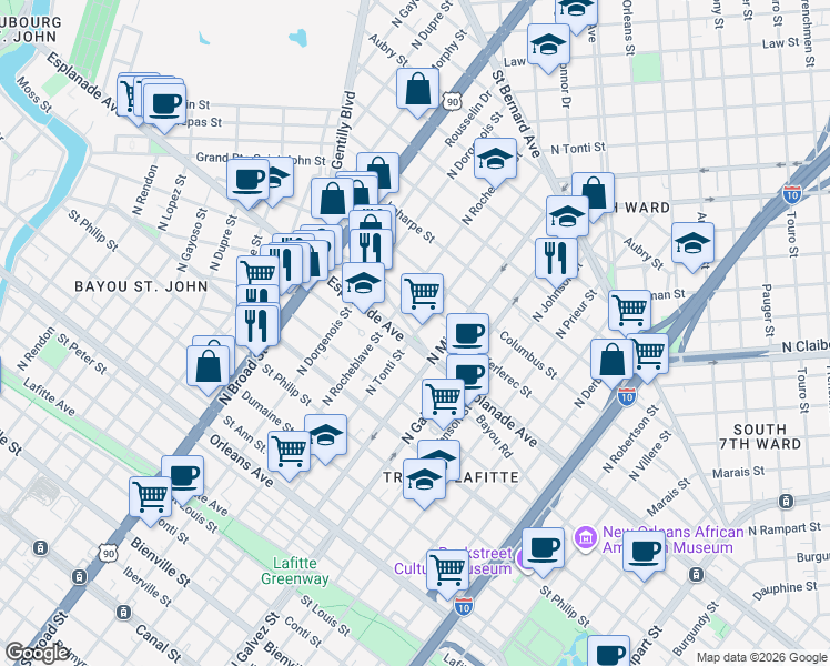 map of restaurants, bars, coffee shops, grocery stores, and more near 2285 Bayou Road in New Orleans