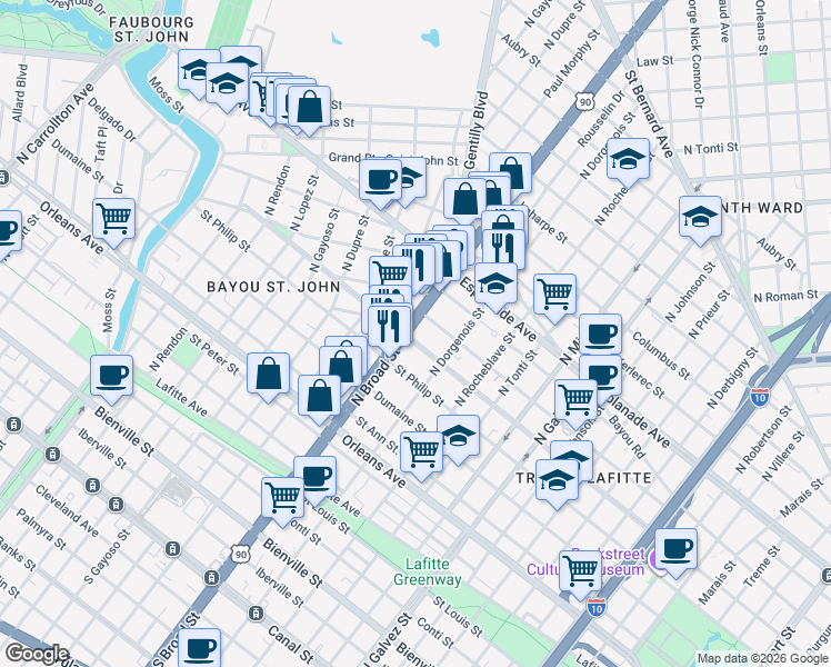 map of restaurants, bars, coffee shops, grocery stores, and more near in New Orleans