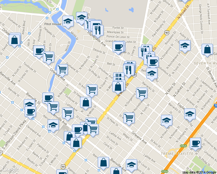 map of restaurants, bars, coffee shops, grocery stores, and more near 2823 Saint Philip Street in New Orleans