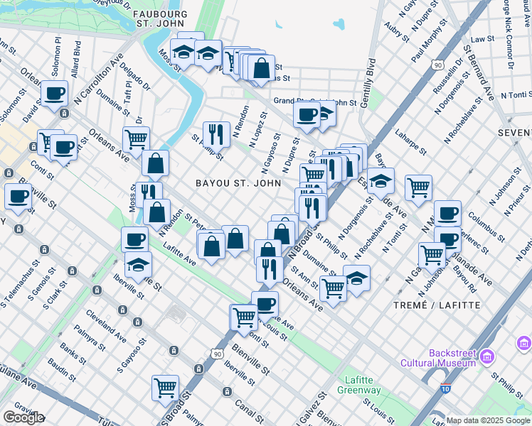 map of restaurants, bars, coffee shops, grocery stores, and more near 928 North Gayoso Street in New Orleans