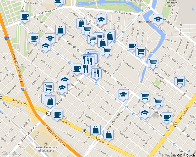 map of restaurants, bars, coffee shops, grocery stores, and more near 4011 Canal Street in New Orleans