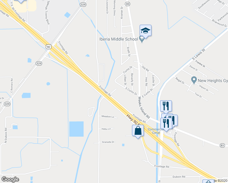 map of restaurants, bars, coffee shops, grocery stores, and more near 2808 Curtis Lane in New Iberia