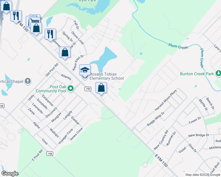 map of restaurants, bars, coffee shops, grocery stores, and more near 121 Creekside Trail in Kyle