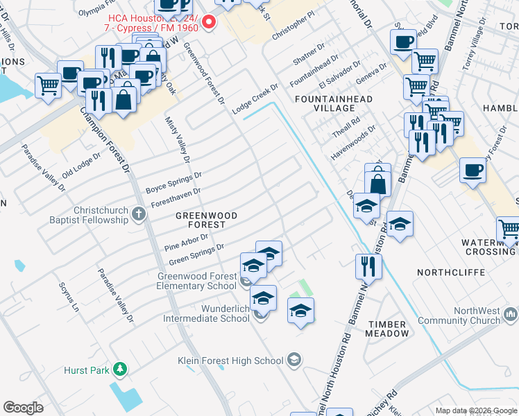 map of restaurants, bars, coffee shops, grocery stores, and more near 5311 Havenwoods Drive in Houston