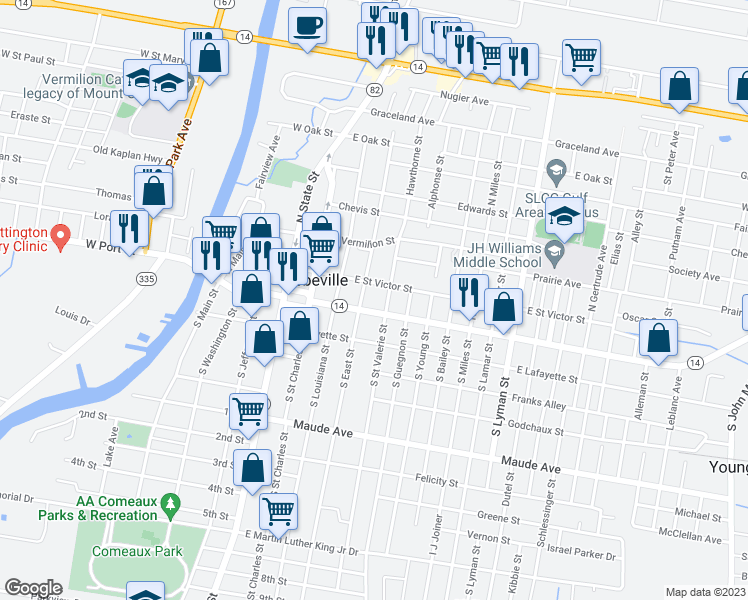 map of restaurants, bars, coffee shops, grocery stores, and more near 407 Charity Street in Abbeville
