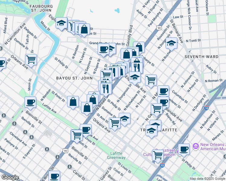 map of restaurants, bars, coffee shops, grocery stores, and more near 7 North Broad Street in New Orleans