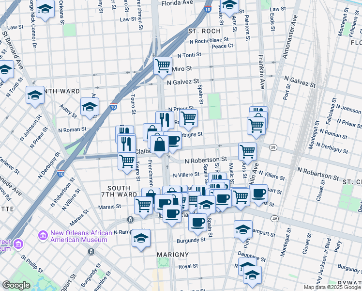 map of restaurants, bars, coffee shops, grocery stores, and more near 1607 Marigny Street in New Orleans