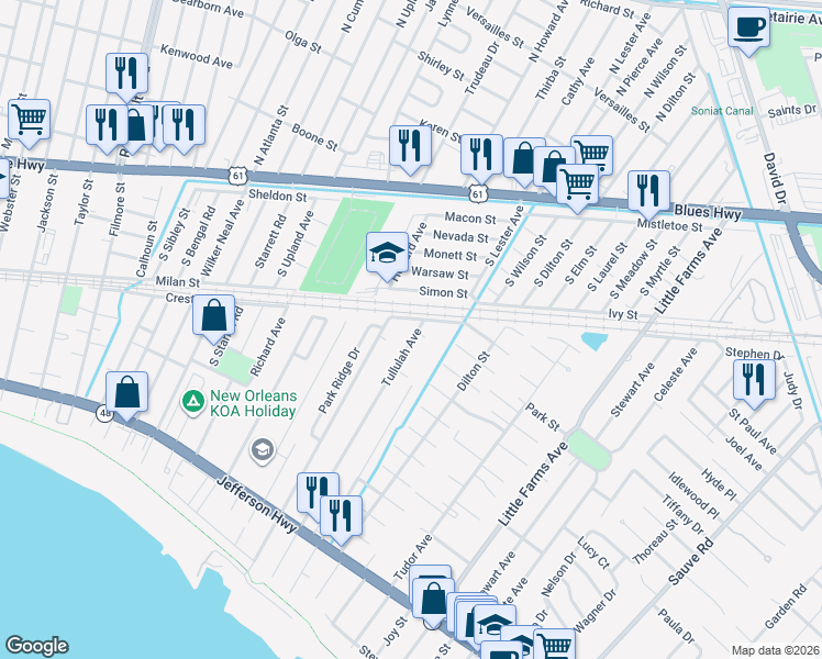 map of restaurants, bars, coffee shops, grocery stores, and more near 1021 Tullulah Avenue in River Ridge