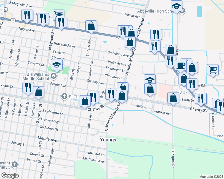 map of restaurants, bars, coffee shops, grocery stores, and more near 401-499 Samson Street in Abbeville