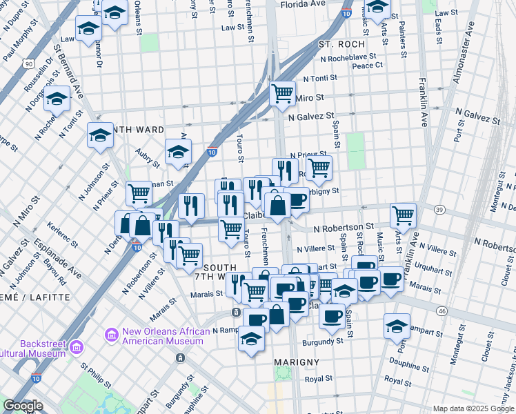 map of restaurants, bars, coffee shops, grocery stores, and more near 1618 Frenchmen Street in New Orleans