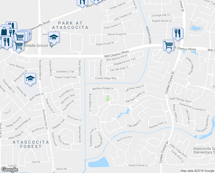 map of restaurants, bars, coffee shops, grocery stores, and more near 11823 Rainbow Bridge Lane in Humble