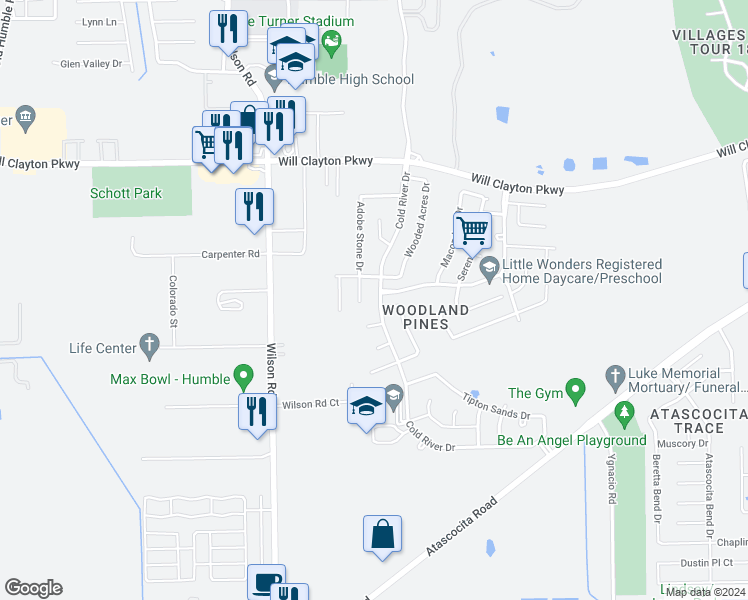 map of restaurants, bars, coffee shops, grocery stores, and more near 2026 Cold River Drive in Humble