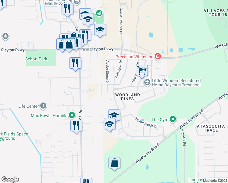 map of restaurants, bars, coffee shops, grocery stores, and more near 2039 Cold River Drive in Humble