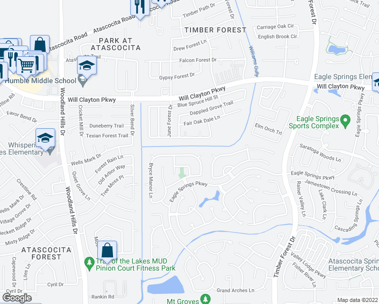 map of restaurants, bars, coffee shops, grocery stores, and more near 11839 Rainbow Bridge Lane in Humble