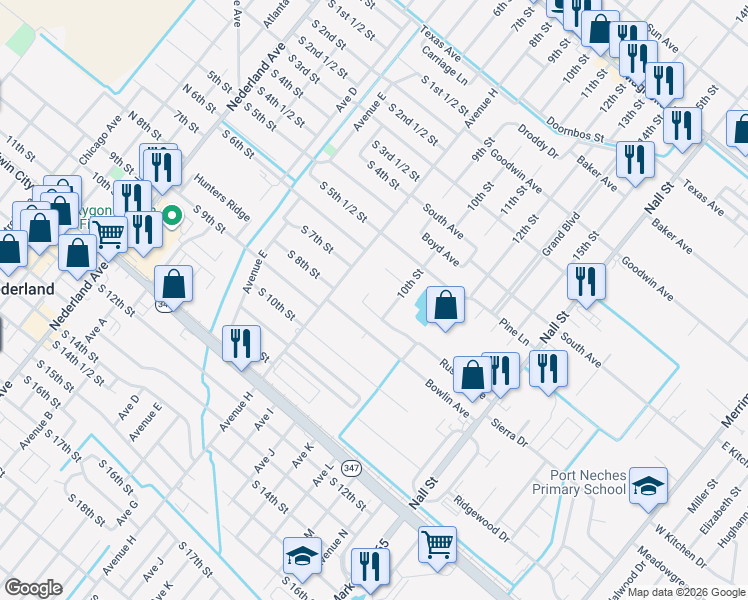 map of restaurants, bars, coffee shops, grocery stores, and more near 1413 Graham Lane in Port Neches