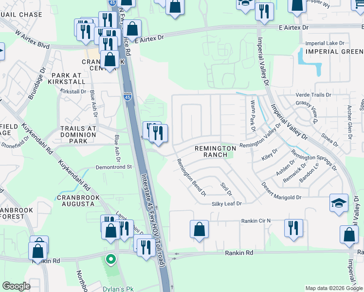 map of restaurants, bars, coffee shops, grocery stores, and more near 334 Remington Green Drive in Houston