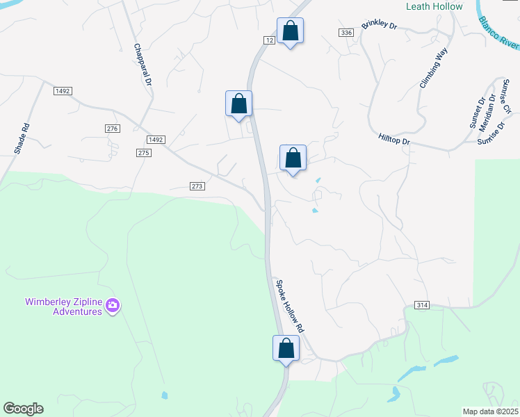 map of restaurants, bars, coffee shops, grocery stores, and more near 1000 County Road 1492 in Wimberley