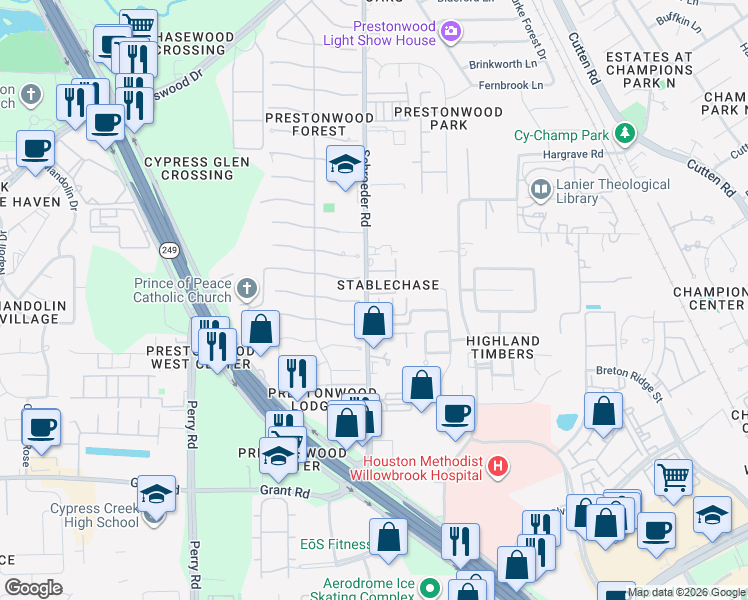 map of restaurants, bars, coffee shops, grocery stores, and more near 13504 Norte Street in Houston