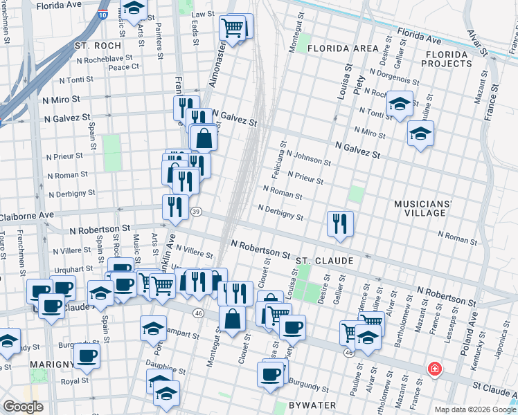map of restaurants, bars, coffee shops, grocery stores, and more near 47392 North Derbigny Street in New Orleans