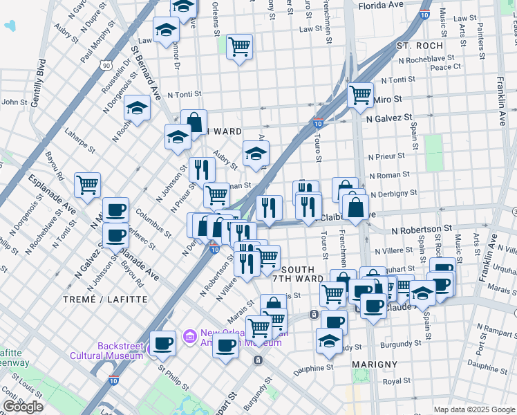 map of restaurants, bars, coffee shops, grocery stores, and more near 1705 Annette Street in New Orleans