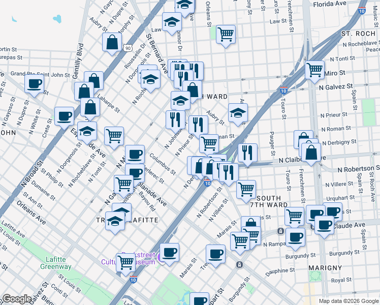 map of restaurants, bars, coffee shops, grocery stores, and more near 1615 North Roman Street in New Orleans