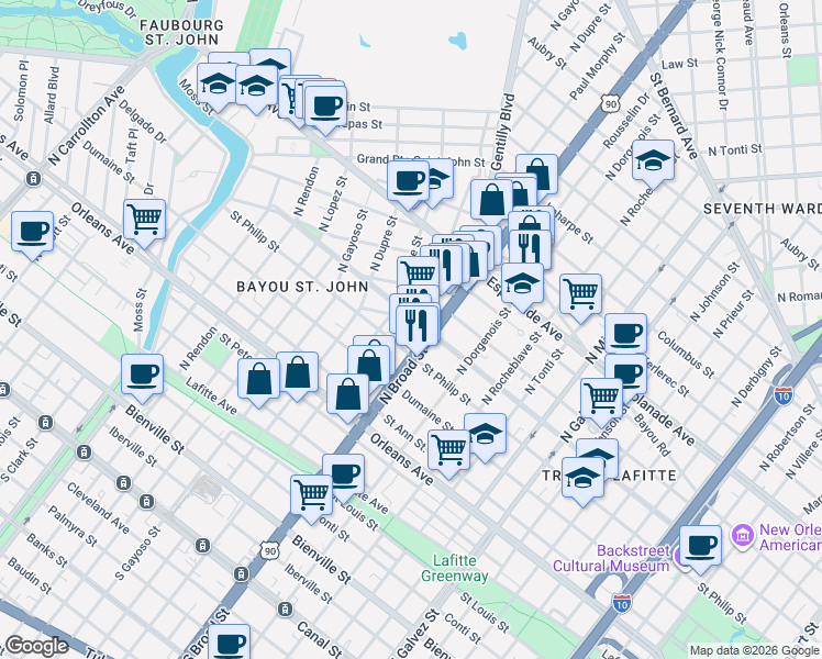 map of restaurants, bars, coffee shops, grocery stores, and more near 2734 Belle Chasse Street in New Orleans
