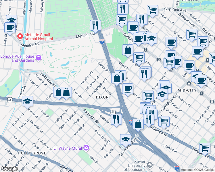 map of restaurants, bars, coffee shops, grocery stores, and more near 8820 Heaton Street in New Orleans