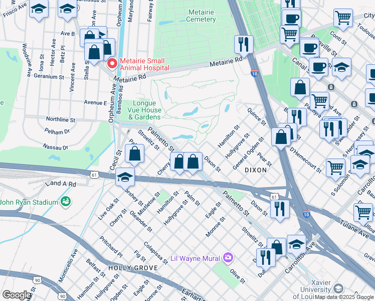 map of restaurants, bars, coffee shops, grocery stores, and more near 3836 Mistletoe Street in New Orleans