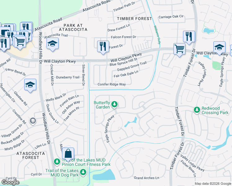 map of restaurants, bars, coffee shops, grocery stores, and more near 4830 Conifer Ridge Way in Atascocita