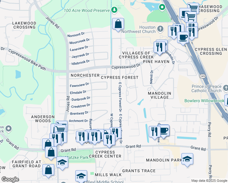 map of restaurants, bars, coffee shops, grocery stores, and more near 13719 East Cypress Forest Drive in Houston