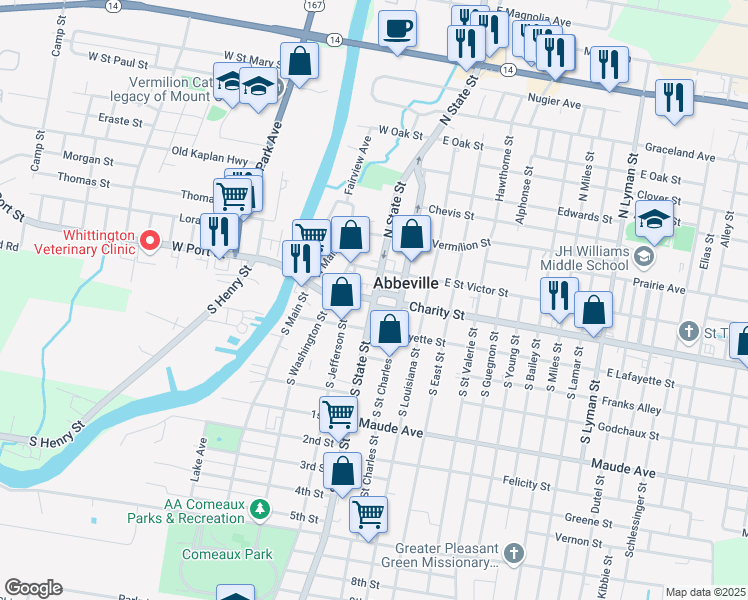 map of restaurants, bars, coffee shops, grocery stores, and more near Concord Street in Abbeville
