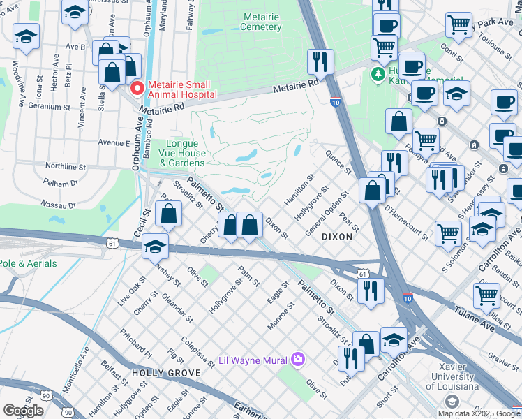 map of restaurants, bars, coffee shops, grocery stores, and more near 9141 Dixon Street in New Orleans