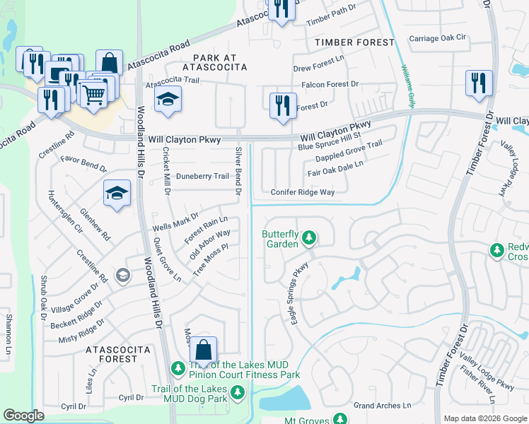 map of restaurants, bars, coffee shops, grocery stores, and more near 4700 Conifer Ridge Way in Humble