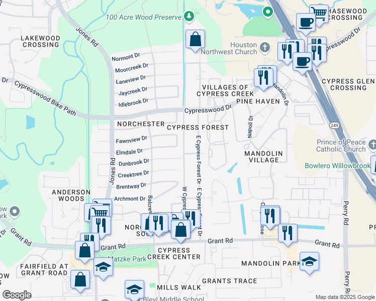 map of restaurants, bars, coffee shops, grocery stores, and more near 13719 East Cypress Forest Drive in Houston