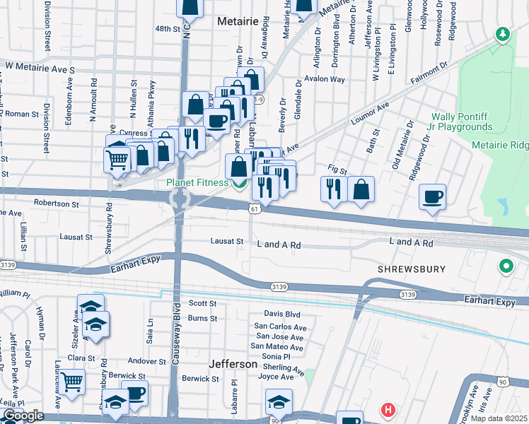 map of restaurants, bars, coffee shops, grocery stores, and more near in Metairie
