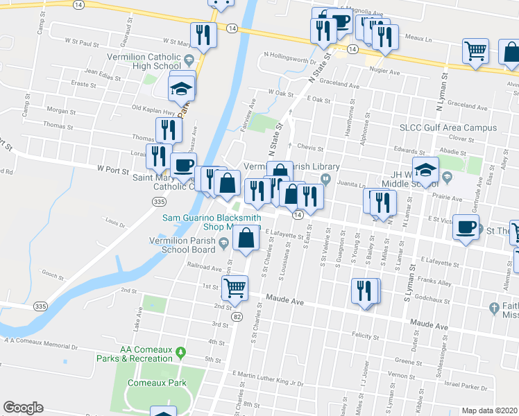 map of restaurants, bars, coffee shops, grocery stores, and more near 101 North State Street in Abbeville