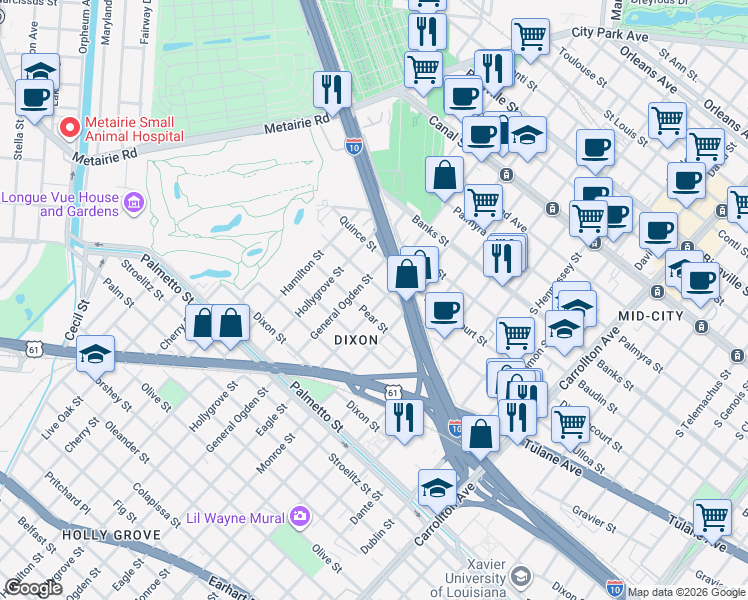 map of restaurants, bars, coffee shops, grocery stores, and more near 8820 Heaton Street in New Orleans