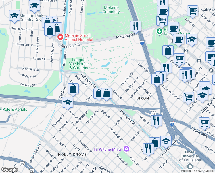 map of restaurants, bars, coffee shops, grocery stores, and more near 3836 Mistletoe Street in New Orleans