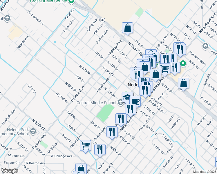 map of restaurants, bars, coffee shops, grocery stores, and more near 1607 Franklin Avenue in Nederland