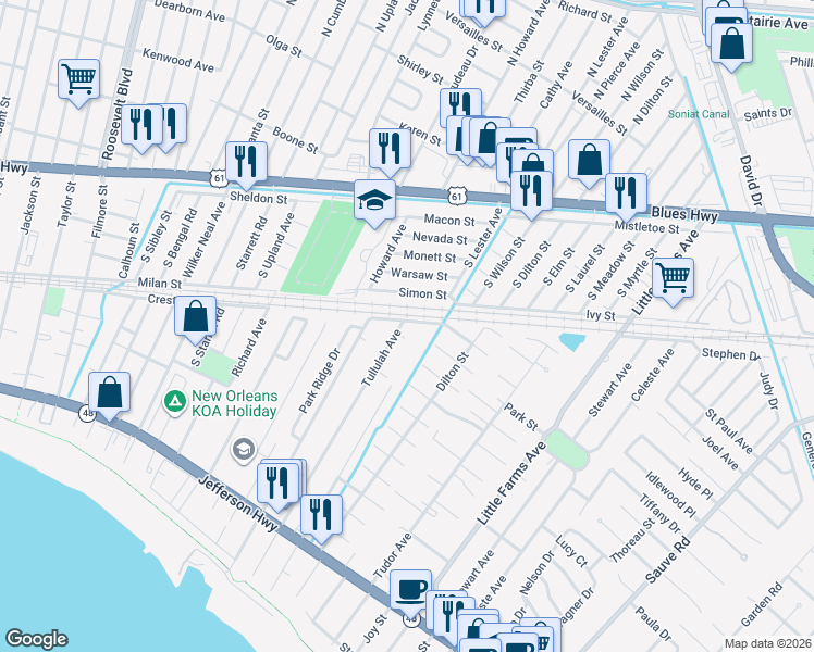map of restaurants, bars, coffee shops, grocery stores, and more near 1021 Tullulah Avenue in River Ridge