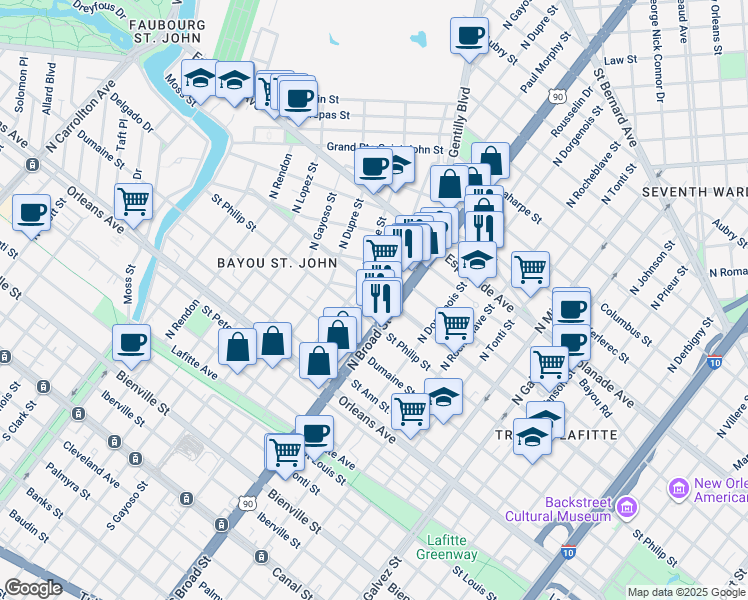 map of restaurants, bars, coffee shops, grocery stores, and more near 2726 Ursulines Avenue in New Orleans