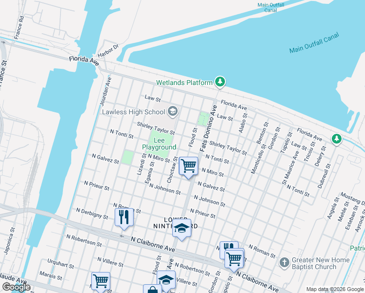 map of restaurants, bars, coffee shops, grocery stores, and more near 5430 North Rocheblave Street in New Orleans