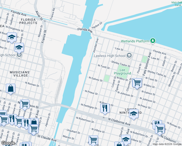 map of restaurants, bars, coffee shops, grocery stores, and more near 2201 Jourdan Avenue in New Orleans
